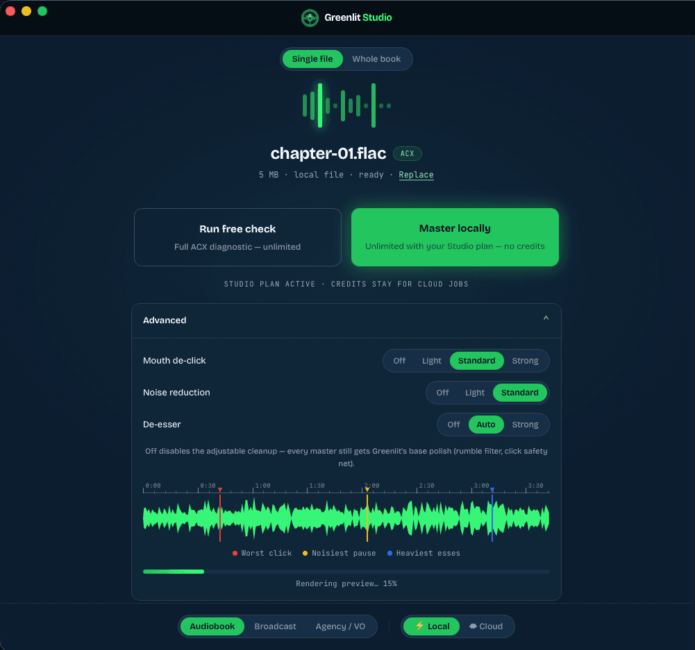 Greenlit Studio's Advanced mode panel — Mouth de-click set to Standard, Noise reduction Standard, De-esser Auto, with the waveform preview below marking the worst click, noisiest pause, and heaviest esses in the file