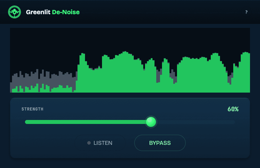 The Greenlit De-Noise plugin window processing a narration take: a scrolling strip where the grey input envelope sits above the green kept voice, and the grey showing through — widest under the quiet room tone before the speech starts — is the noise being removed. Below it, the Strength slider at 60% with Listen and Bypass buttons.