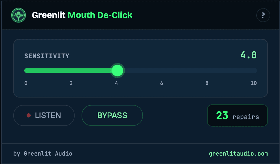 The Greenlit Mouth De-Click plugin window, showing the sensitivity slider, listen and bypass controls, and a live repair count.