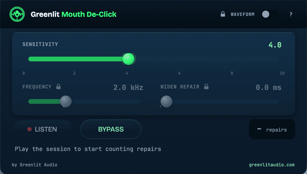 The Greenlit Mouth De-Click plugin window, showing the sensitivity slider, the locked Pro frequency and widen repair controls, listen and bypass buttons, and the live repairs counter.
