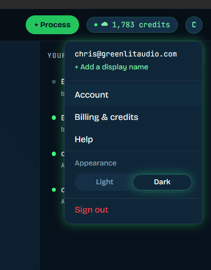 Greenlit Studio account menu open, showing the Account option