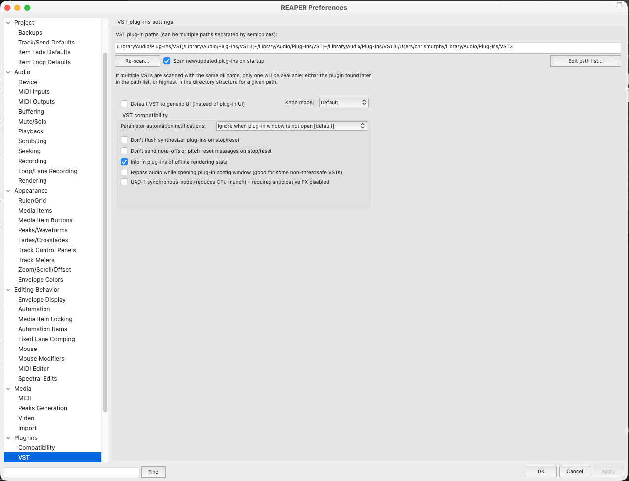 Reaper Preferences, Plug-ins > VST panel, showing the VST plug-in paths field