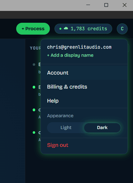 Greenlit Studio account menu open, showing the Account option