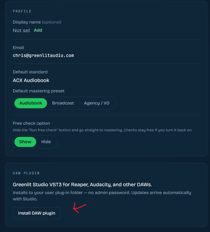 Account page showing the DAW plugin card with an Install DAW plugin button