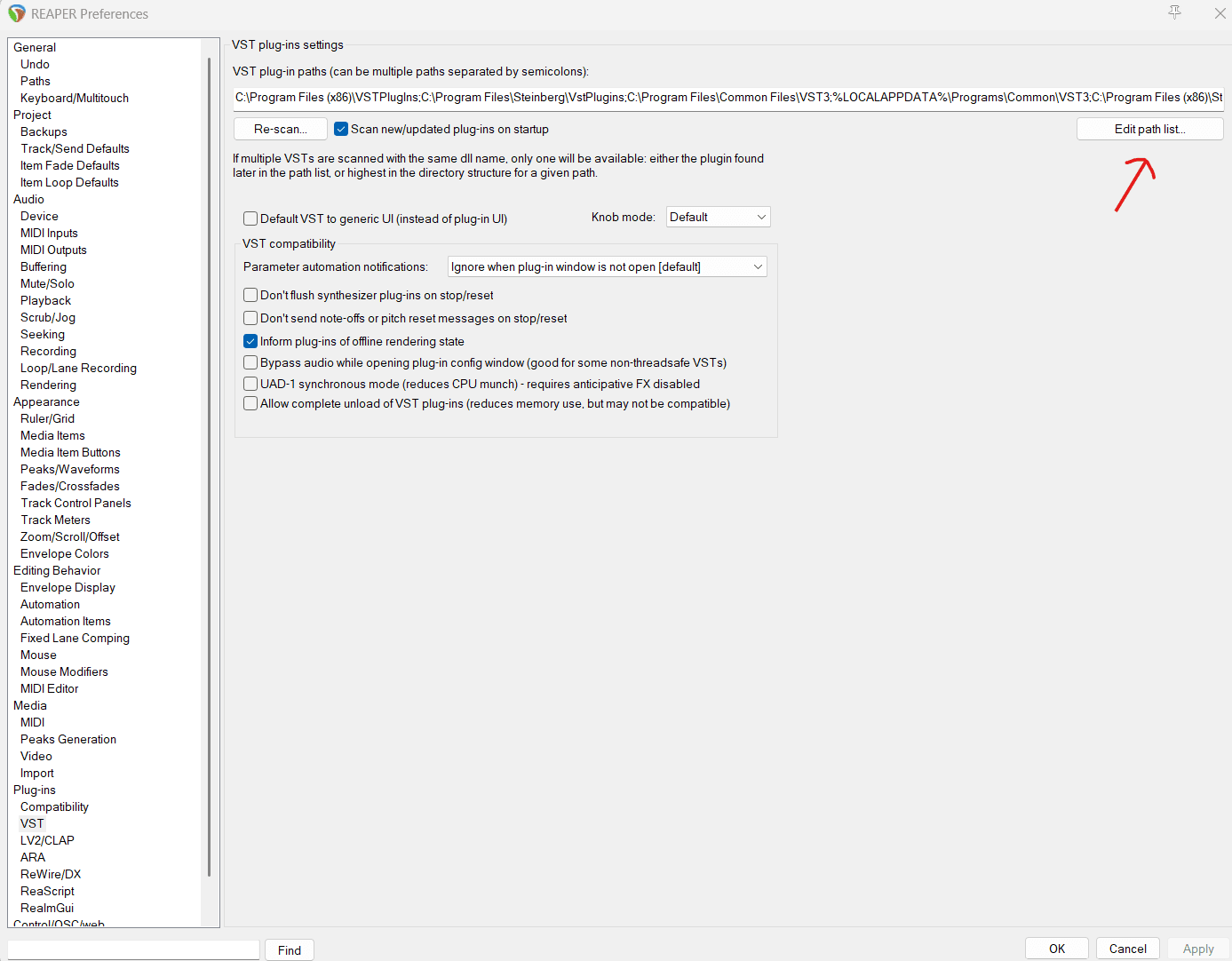 Reaper Preferences, Plug-ins > VST panel, with the Edit path list button highlighted